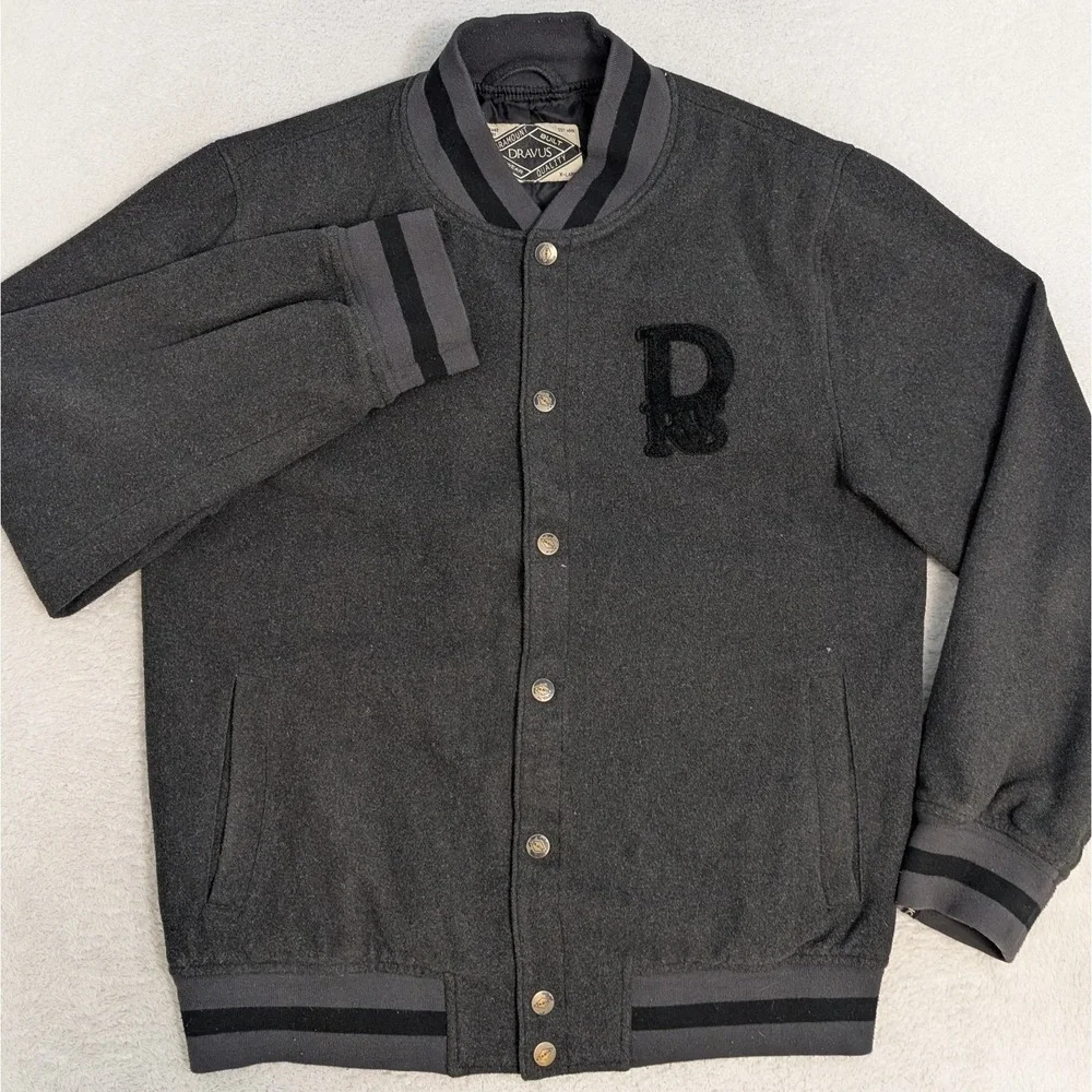 Dravus Varsity Letterman Jacket‎ Mens XL Black Gray Snap Button Up Wool Nylon